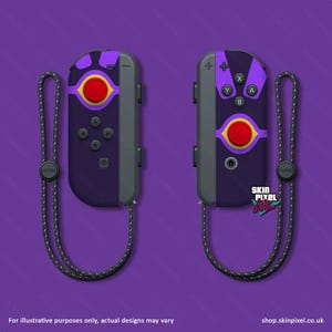 May include: A purple and black Nintendo Switch Joy-Con controller skin with a yellow and red eye design. The skin is compatible with the Nintendo Switch Joy-Con controllers. The skin is available from Skin Pixel.