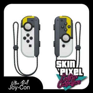 May include: A pair of white and black Nintendo Switch Joy-Con controllers with a yellow and black Ultra Ball design. The controllers are attached to a black wrist strap. The image includes the text "Skin Pixel Custom Controllers".