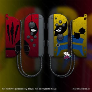 May include: A set of two Nintendo Switch Joy-Con controllers with custom skins. The left Joy-Con has a red and black design with a claw mark pattern. The right Joy-Con has a yellow and blue design with a Wolverine character graphic. The text "SKIN PIXEL" is printed on the right Joy-Con.
