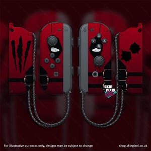 May include: A red and black Nintendo Switch Joy-Con controller skin with a graphic of a masked character. The skin is designed to fit the left and right Joy-Con controllers. The skin also includes a matching grip for the console. The skin is made of high-quality vinyl and is easy to apply and remove. The skin is designed to protect your Joy-Con controllers from scratches and wear and tear. The skin is also a great way to personalize your Nintendo Switch console.