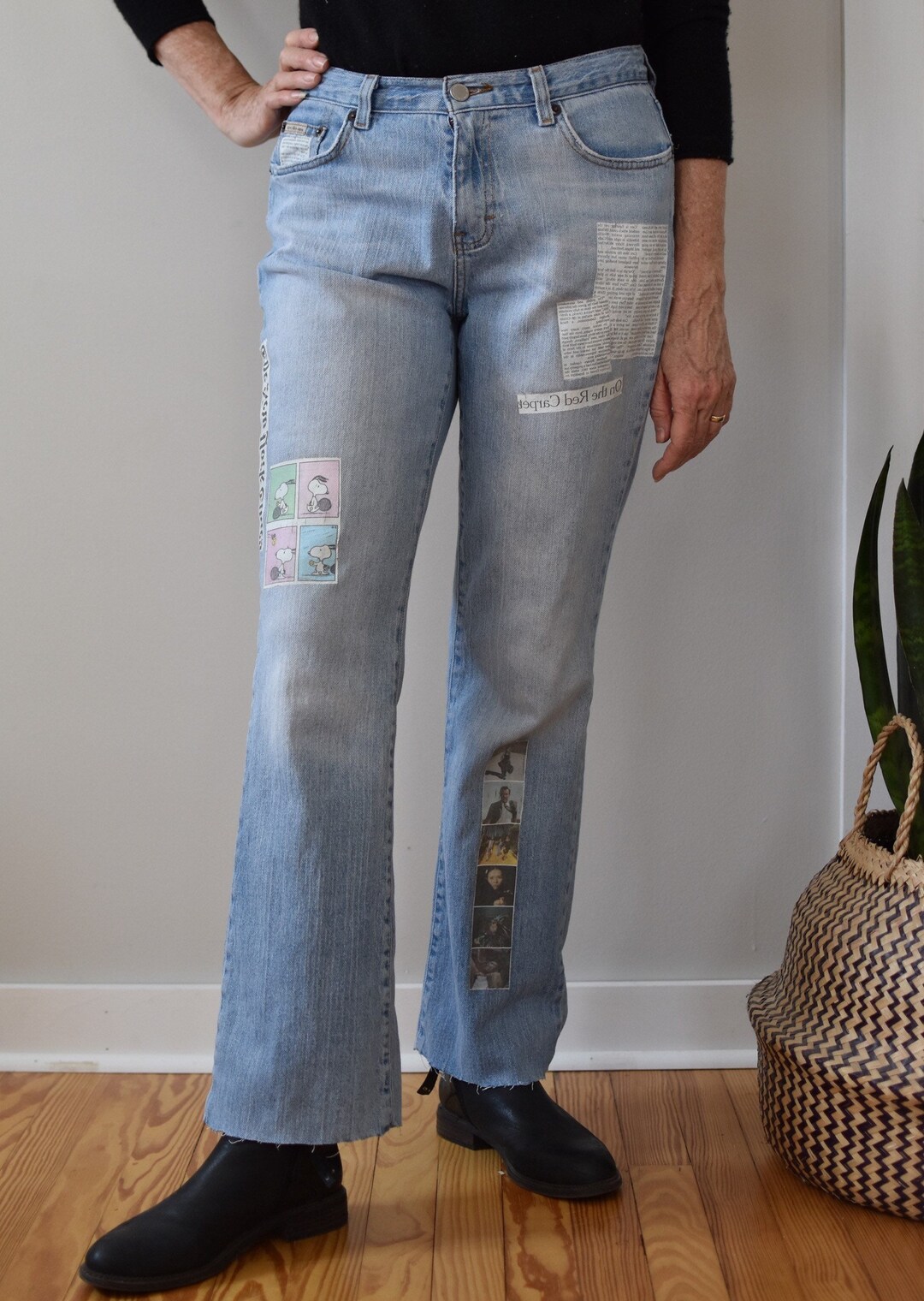 Patchwork Jeans, Newspaper Print Pants, Patchwork Pants, Newspaper