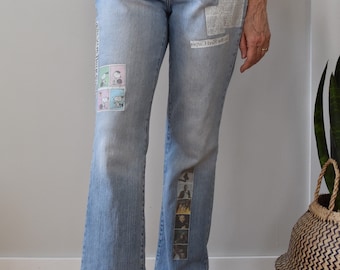 patchwork jeans, newspaper print pants, patchwork pants, newspaper jeans, upcycled jeans, custom jeans, mom jeans, appliqué jeans