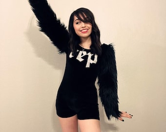 Rep Costume black velvet with furry sleeves. romper with rhinestones letters.