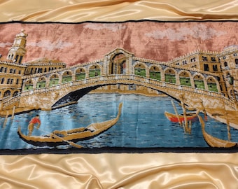 Tapiz italiano ~ Puente de Rialto de Venecia ~ Vintage de los años 60 ~ Alfombra pequeña de terciopelo ~ Hecho en Italia ~ Tapiz de pared para decoración del hogar.