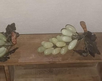 Vintage Cluster of Jade Grapes with Stone Leaves