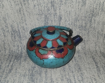 Vintage Buddhist Tibetan Copper With Turquois, Lapis Lazuli, and Coral Teapot