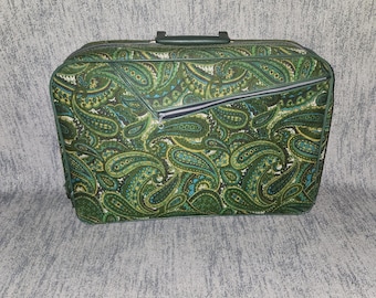 Vintage 1960s Green, Blue, and Yellow Paisley Design Fabric Suitcase