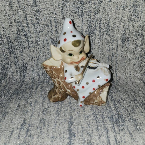Vintage 1950s Musical Pixie Elf On Log Japan Polka Dot Figurine