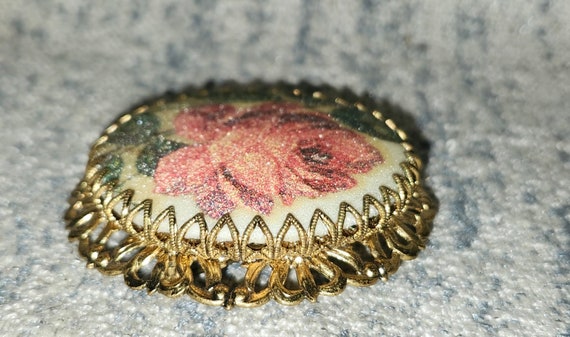 Vintage West Germany Sugar Red Rose Brass Brooch - image 5