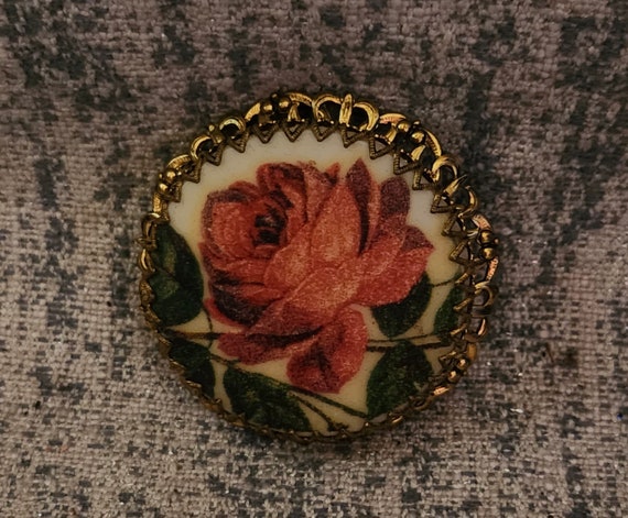 Vintage West Germany Sugar Red Rose Brass Brooch - image 3