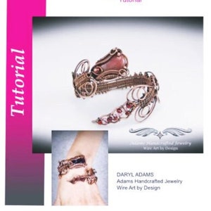 May include: A copper-colored wire-wrapped bracelet with a reddish-brown stone and smaller red stones. The image includes the text "Serpentine Bracelet Tutorial" and "Wire Art by Design."