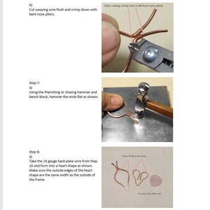 May include: A step-by-step guide on how to make a heart-shaped wire frame using wire cutters, a hammer, and a bench block. The instructions include text and images showing the process.