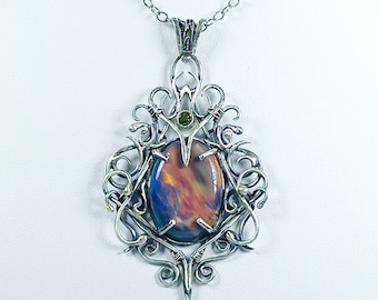 Daephyra - Sterling Silver Pendant, Aurora Opal cabochon w/Green Peridot Faceted Gemstone