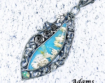 Ulathana - Sterling Silver Pendant, Plume Agate cabochon & Ethiopian Welo Opal Accent
