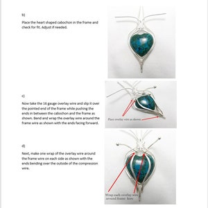 May include: A step-by-step guide on how to create a silver wire wrapped pendant with a turquoise cabochon. The image shows the process of wrapping the wire around the cabochon and frame.