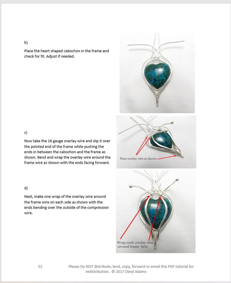 May include: A step-by-step guide on how to create a silver wire wrapped pendant with a turquoise cabochon. The image shows the process of wrapping the wire around the cabochon and frame.