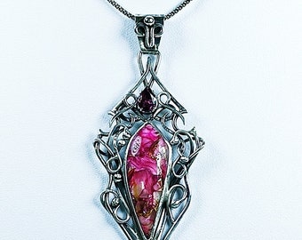 Helewynn - Sterling Silver Pendant, Mohave Pink Opal, Abalone Cabochon w/ Faceted Rhodolite Garnet Accent