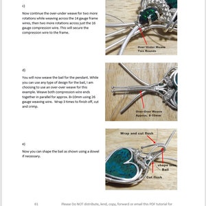 May include: A step-by-step guide on how to weave a bail for a pendant using wire. The image shows a close-up of the wire weaving process, with instructions on how to wrap and cut the wire to create a secure and attractive bail.