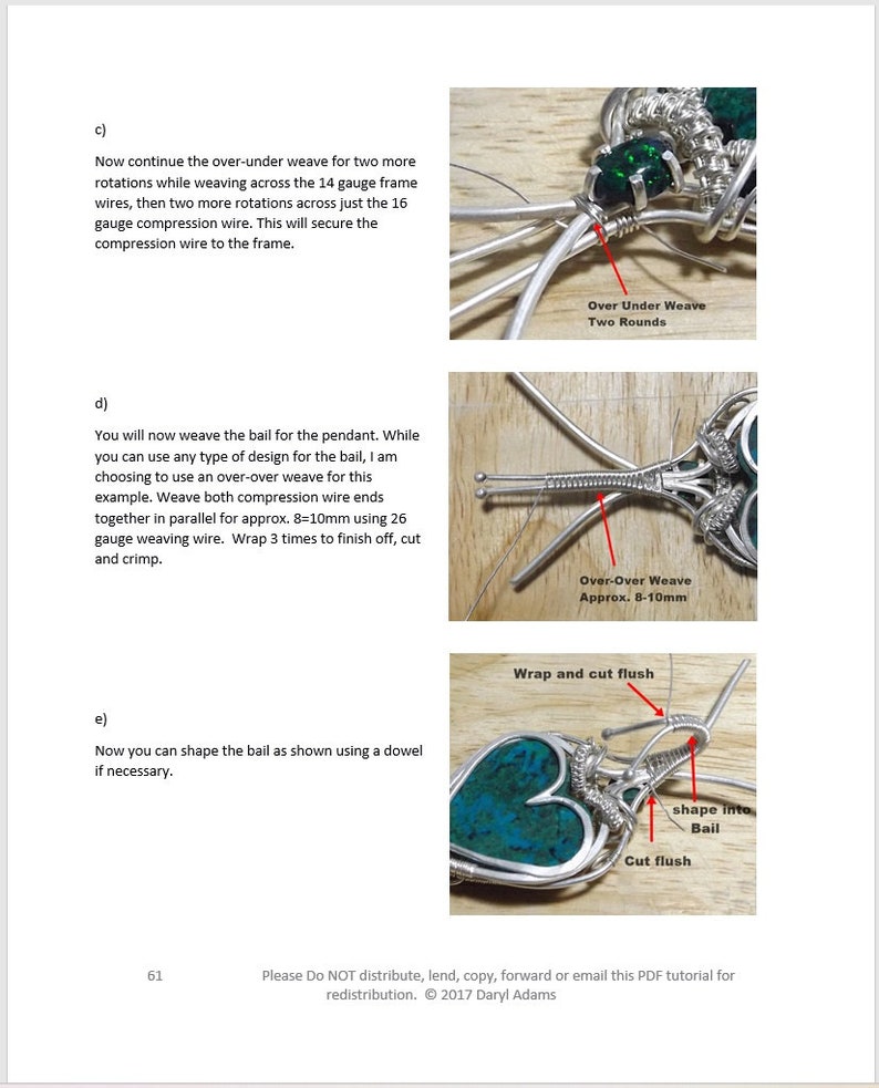 May include: A step-by-step guide on how to weave a bail for a pendant using wire. The image shows a close-up of the wire weaving process, with instructions on how to wrap and cut the wire to create a secure and attractive bail.