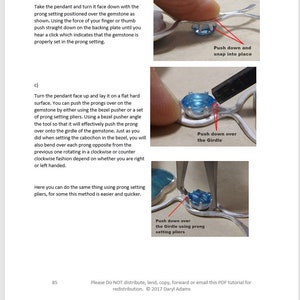 May include: Close-up of a silver pendant with a blue gemstone set in prongs. The image shows the steps involved in setting the gemstone, including pushing the prongs down over the girdle of the gemstone using a bezel pusher or prong setting pliers.