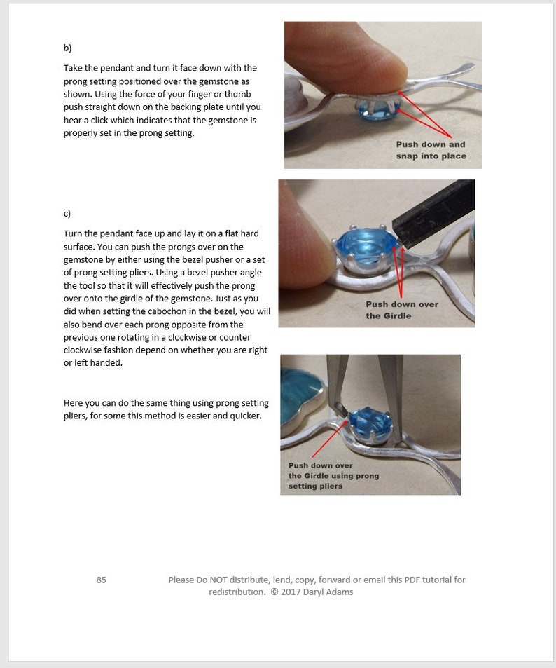 May include: Close-up of a silver pendant with a blue gemstone set in prongs. The image shows the steps involved in setting the gemstone, including pushing the prongs down over the girdle of the gemstone using a bezel pusher or prong setting pliers.