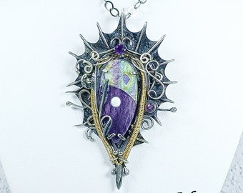 Daemoira - Sterling Silver & 14K Gold-filled Pendant, Charoite-Sterling Opal Cabochon w/ Australian Opal focal, Amethyst accents