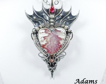 Trismoira - Sterling and Fine Silver pendant, Plume Agate glass back Cabochon and faceted Red Ruby Gemstone
