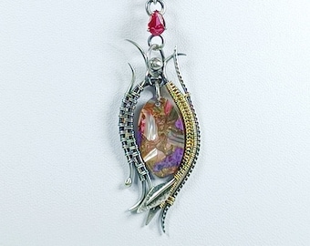Miaqirelle - Sterling Silver and 14K Gold Filled Pendant, Mohave Turquoise & Abalone Cabochon Bead w/ Ruby faceted gemstone accent.