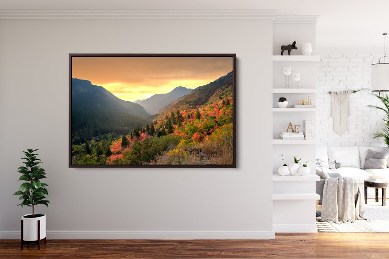 May include: A framed photograph of a mountain valley with a sunset in the background. The valley is covered in trees with fall foliage in shades of red, orange, and yellow.