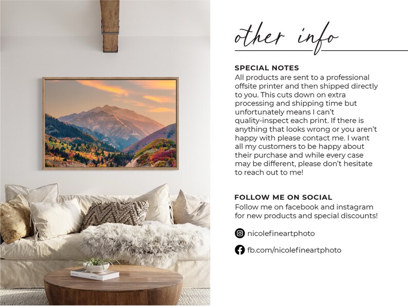 May include: A framed photograph of a mountain range with fall foliage in shades of red, orange, and yellow. The mountains are in the background, and the foreground is a valley with trees and a road. The sky is a soft blue with a few clouds. The photograph is hanging on a white wall in a living room setting.