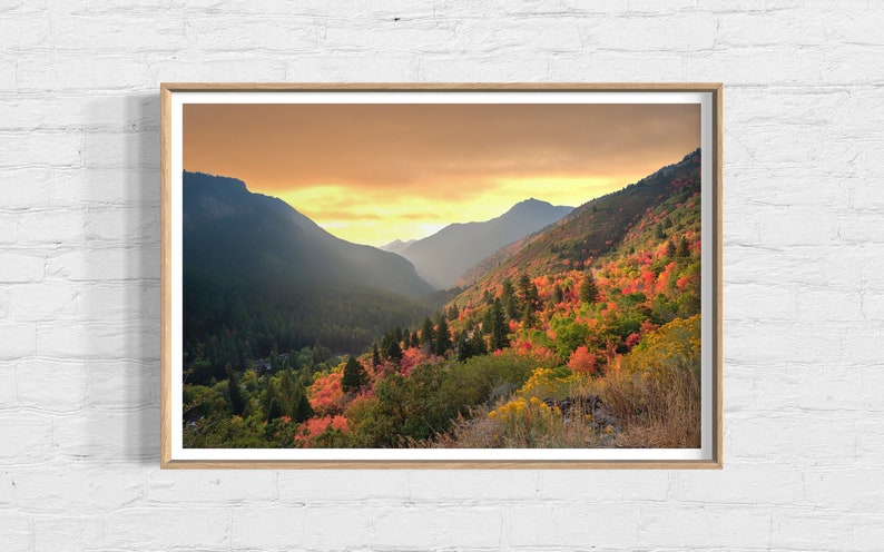 May include: A scenic view of a mountain valley with colorful fall foliage. The trees are a mix of red, orange, yellow, and green. The sky is a soft orange and yellow, with clouds in the distance.