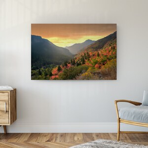 May include: A scenic landscape photograph of a mountain valley with a golden sunset in the background. The valley is filled with trees, many of which are showing fall colors of red, orange, and yellow.