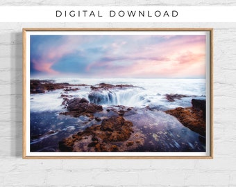 Thor's Well at Sunset Print, Fotografía de la costa de Oregón, Arte de la pared del agua, Fotografía de bellas artes Naturaleza, Foto del atardecer Imprimible DESCARGA DIGITAL