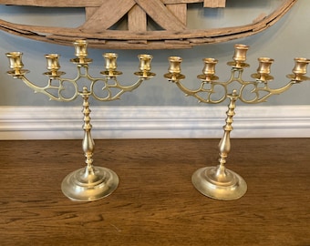 Pair Solid Brass Victorian Style 5-Candle Candelabras