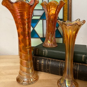 Set of Marigold Carnival Glass Swung Vases