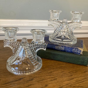 Pair of Clear Glass Stars & Bars Candelabras