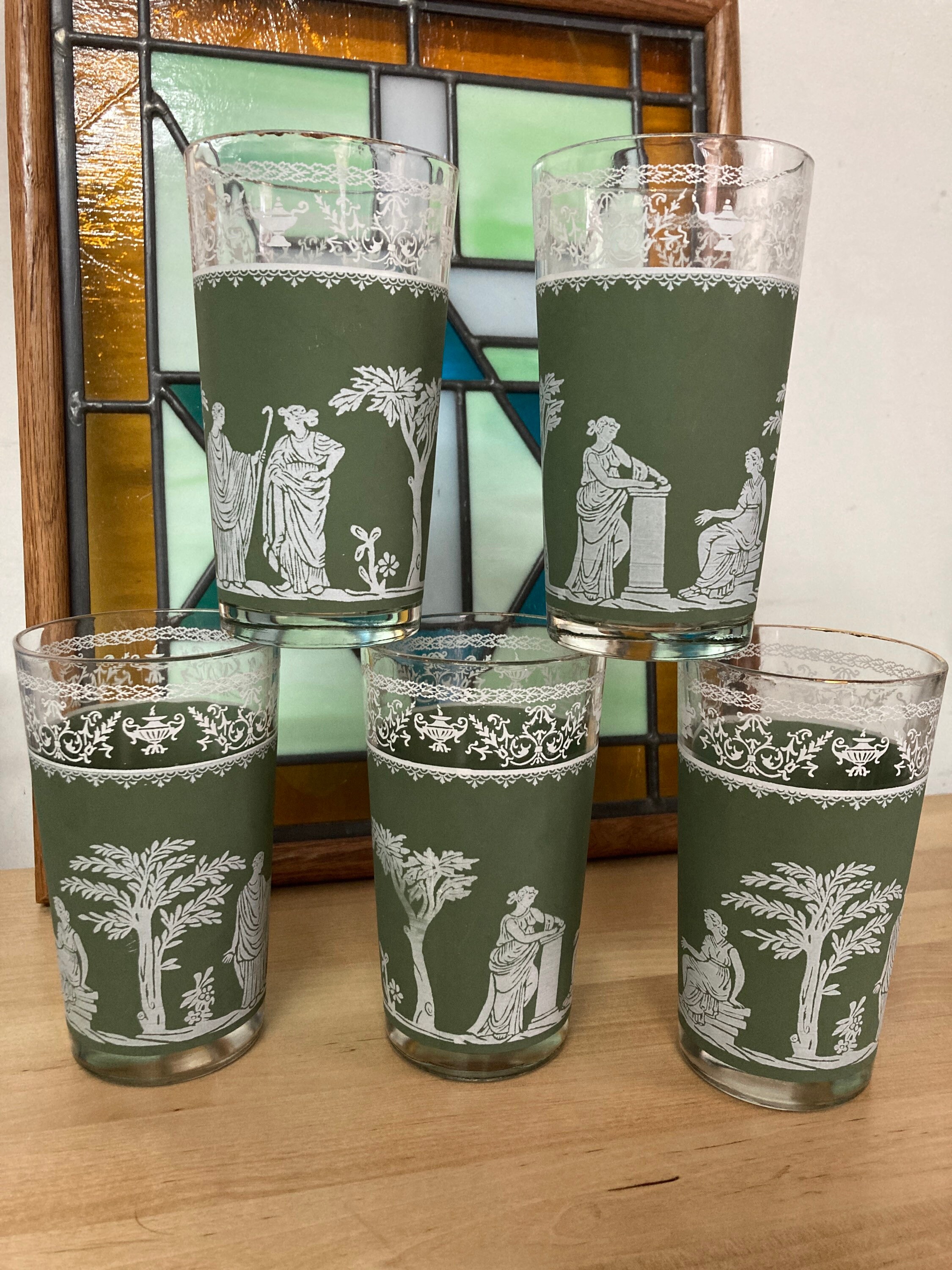 Jeanette Glass Wedgewood Hellenic Grecian Jasperware Green Glasses