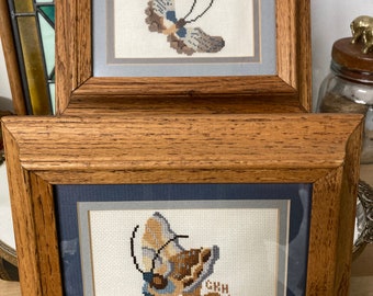 Pair Of Framed Cross Stitch Moths Butterflies