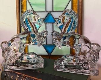 Antique L. E. Smith Clear Glass Rearing Horse Bookend Set