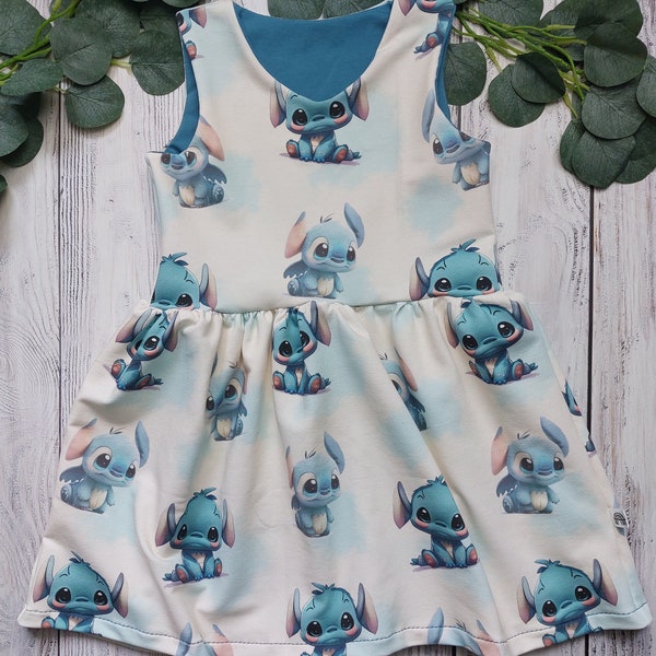 Trägerkleid/Kleid Größe 80-104 für Babys/Kinder/Mädchen, Genähtes Handmade Geschenk, Sommerkleid, Personalisierte Kleidung Stitch Disney