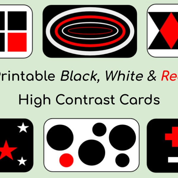 High Contrast Black, White & Red Baby Cards, Printable Sensory Flashcards, 12 Geometric Shapes and Patterns for Babies - Digital Download