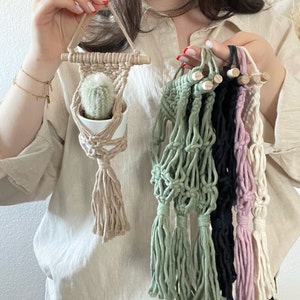 Könnte beinhalten: Ein Set aus Makramee-Pflanzenhängern mit Holzstäben und Quasten. Die Hänger sind in verschiedenen Farben, darunter Grün, Schwarz, Pink und Creme. Ein Hänger hält einen kleinen Topf mit einem Kaktus.