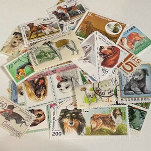 May include: A collection of vintage postage stamps featuring various dog breeds. The stamps showcase colorful illustrations of dogs in different poses and settings, with text and denominations visible.