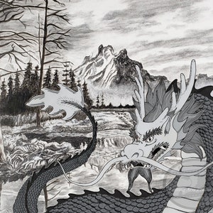 May include: A black and white illustration of a dragon in a mountainous landscape. The dragon is facing the viewer with its mouth open and its eyes wide. The dragon's scales are detailed and its horns are long and pointed. The background is a simple landscape with mountains and trees.