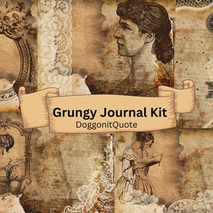 Grungy Vintage Journal Kit for Junk Journaling or Scrapbooking with Full-Page Spreads and Ephemera