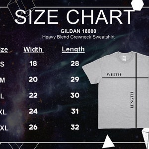 Puede incluir: Tabla de tallas para una sudadera de cuello redondo Gildan 18000 Heavy Blend. Las tallas van de la S a la 2XL, con medidas de ancho y largo en pulgadas. La tabla incluye una sudadera gris con indicadores de ancho y largo.