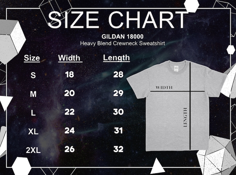Puede incluir: Tabla de tallas para una sudadera de cuello redondo Gildan 18000 Heavy Blend. Las tallas van de la S a la 2XL, con medidas de ancho y largo en pulgadas. La tabla incluye una sudadera gris con indicadores de ancho y largo.