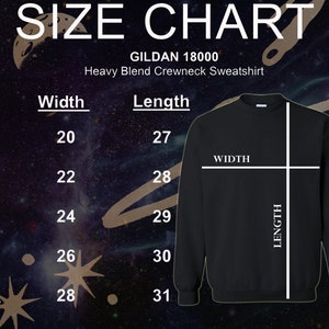 K&ouml;nnte beinhalten: Gr&ouml;&szlig;entabelle f&uuml;r ein Gildan 18000 Heavy Blend Crewneck Sweatshirt. Gr&ouml;&szlig;en von S bis 2XL, mit Breiten von 50.8 bis 71.1 cm und L&auml;ngen von 68.6 bis 78.7 cm. Die Tabelle ist auf dunklem Hintergrund dargestellt.