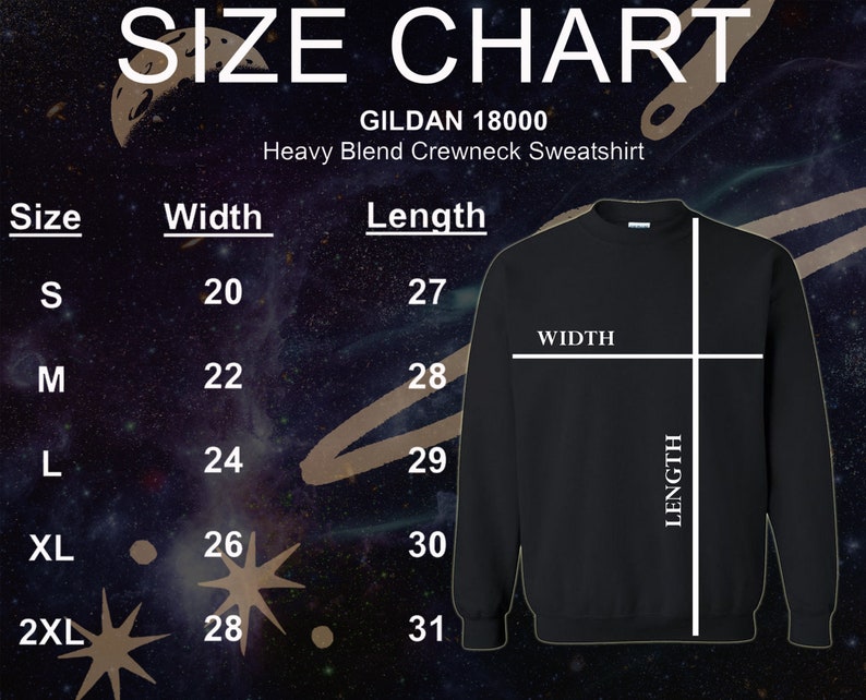 K&ouml;nnte beinhalten: Gr&ouml;&szlig;entabelle f&uuml;r ein Gildan 18000 Heavy Blend Crewneck Sweatshirt. Gr&ouml;&szlig;en von S bis 2XL, mit Breiten von 50.8 bis 71.1 cm und L&auml;ngen von 68.6 bis 78.7 cm. Die Tabelle ist auf dunklem Hintergrund dargestellt.