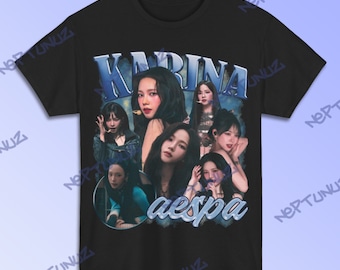 aespa カリナ　ビンテージ風ブラックTシャツ Aespa Karina レトロ 90 年代 ブートレッグ T シャツ - Aespa